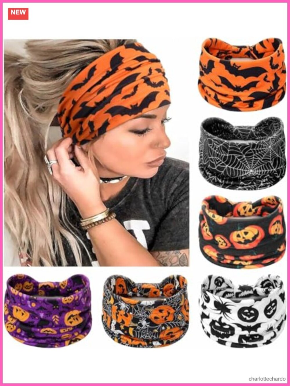 6 Pc Halloween Knotted Headbands Wide Elastic Polyester Spandex Yoga Workout